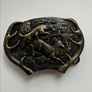 Deer Antler Belt Buckle solid brass ,leeping deer design